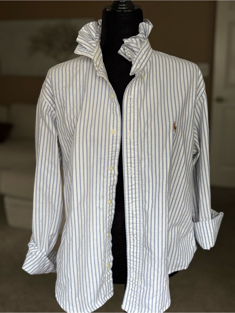 Reworked Ralph Lauren Blue Stripe Ruffle Collar Button-Up Top - Picture 8 of 15